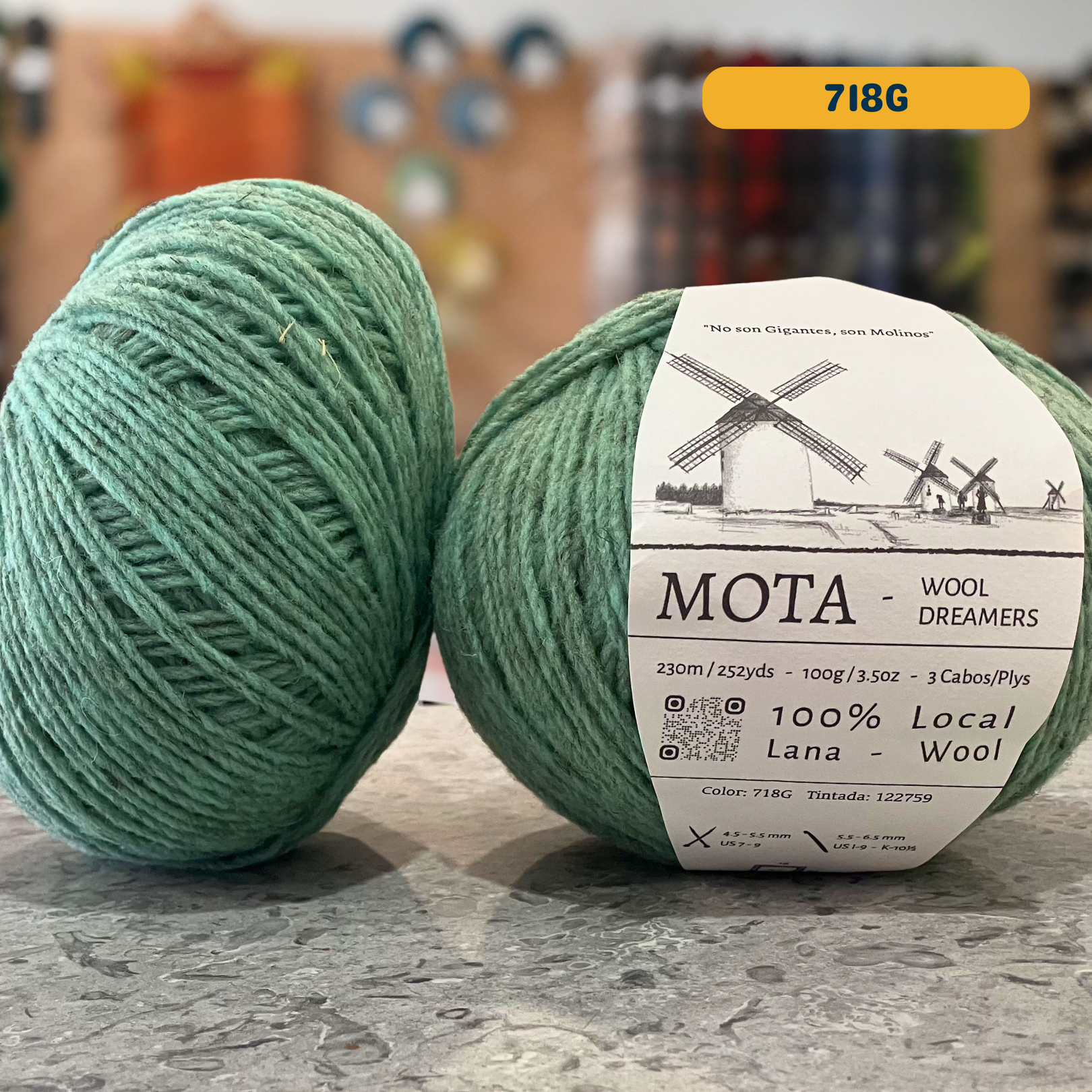 100g green-grey (718G) merino & manchega wool yarn, 'Mota Wooldreamers 100% Wool' label visible, craft shop background (blurred)