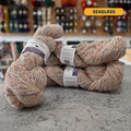 100g beige with rainbow specks (seaglass) Irish wool merino sport yarn, 'Yarn Vibes Cliffs of Moher Irish Tweed' label visible, craft shop background (blurred)