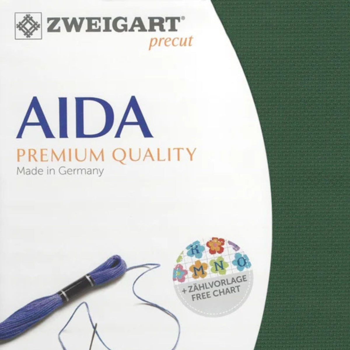 Zweigart 14-count Aida cloth in Dark Green (6037), 100% cotton cross stitch fabric, 48 × 53 cm precut