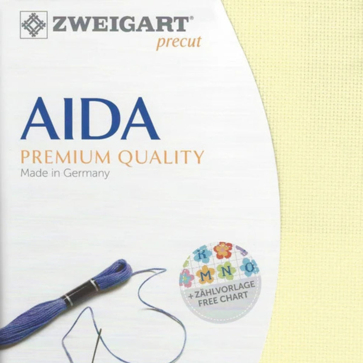 Zweigart 14-count Aida cloth in Ray of Light (pale yellow) (2030), 100% cotton cross stitch fabric, 48 × 53 cm precut